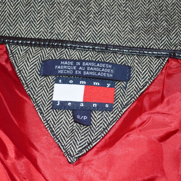 TOMMY HILFIGER JEANS Gray Herringbone Wool Blend Faux Leather Trim Sheath Dress - Picture 8 of 8